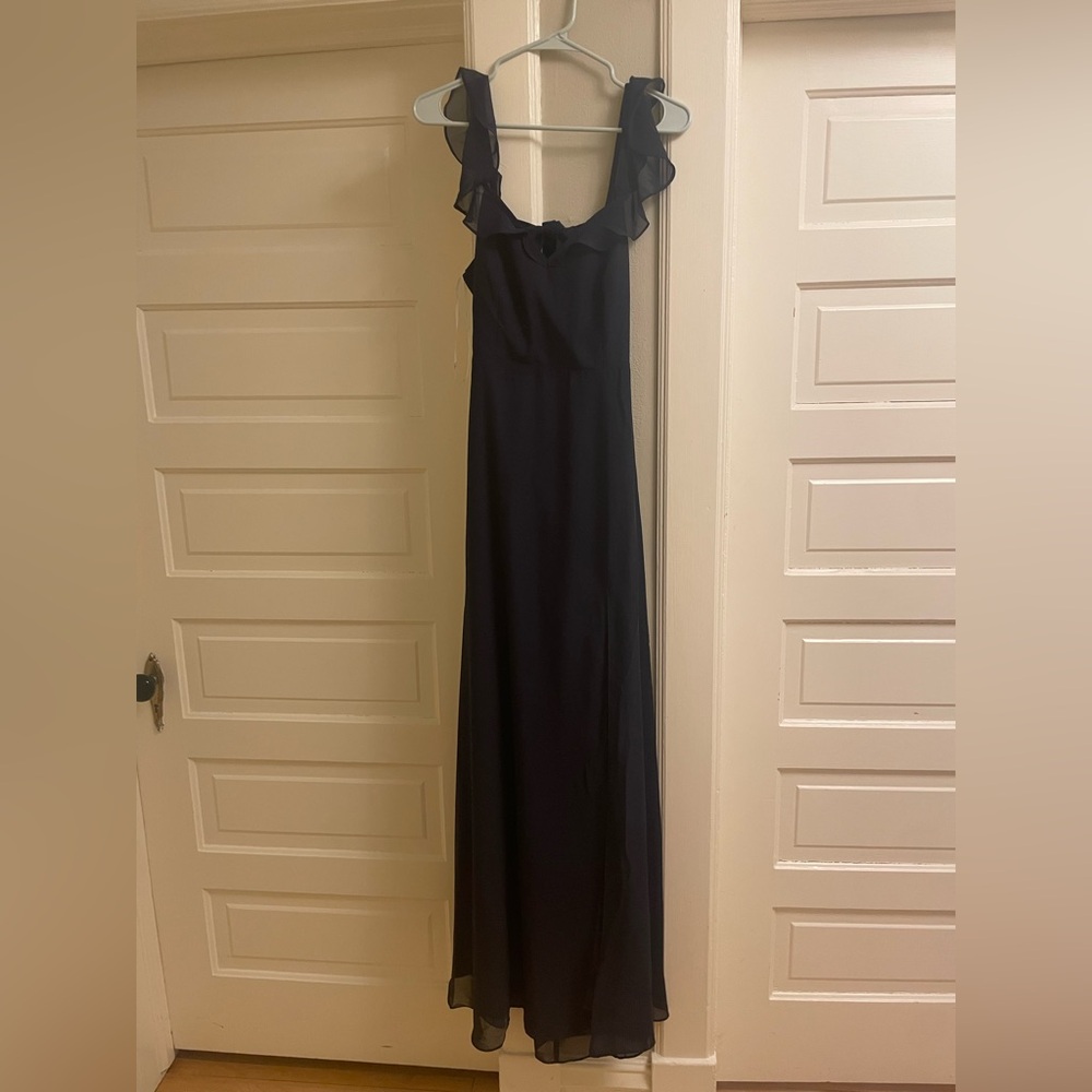 Lulus Sweetest Entrance Navy Blue Ruffled Tie-back Maxi Dress - Size M